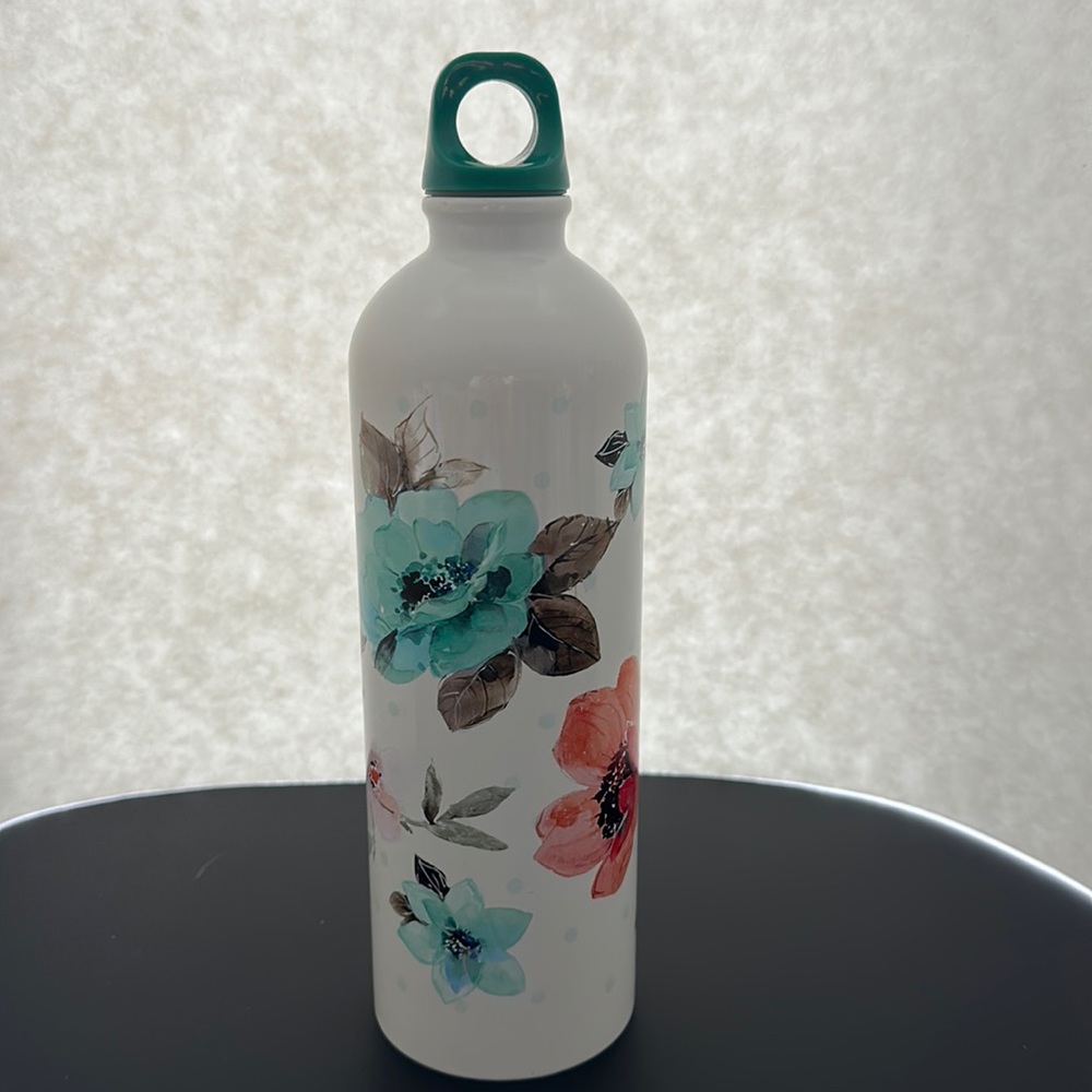 Pioneer Woman Floral Stainless Steel Water Bottle 25oz White Green Top